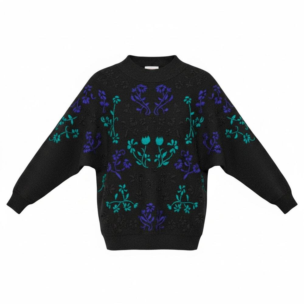 Vtg 80s Koret Sweater Sz M Black Acrylic Knit Purple Floral Embroidery Mock Neck